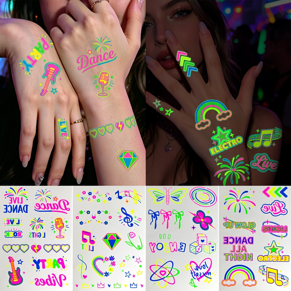 Image of 4 Sheets Neon & Glow In The Dark Temporary Tattoos, Neon Fluorescent Waterproof Tattoo Stickers, Luminous Face Tattoos For Music Festival, Rave, Party, Night Out,waterproof