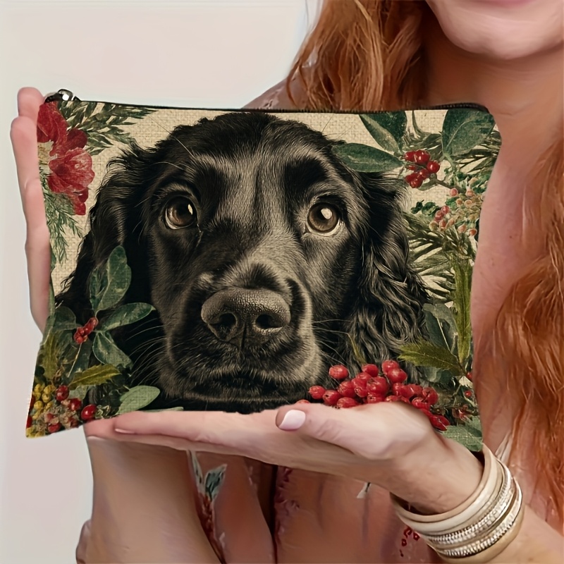 TEMU A Portable Zippered Cosmetic Storage Bag Featuring A Cute English Spaniel Face, Surrounded By Flowers And Grass