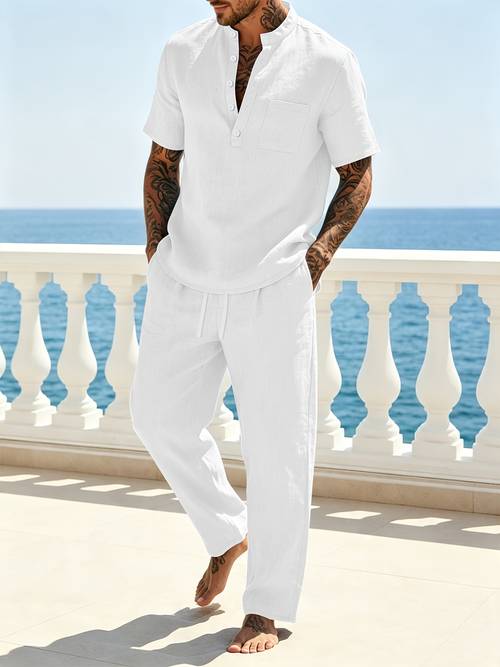 mens 2pcs set classic henley short sleeve top versatile long pants old money style casual outfit for daily wear