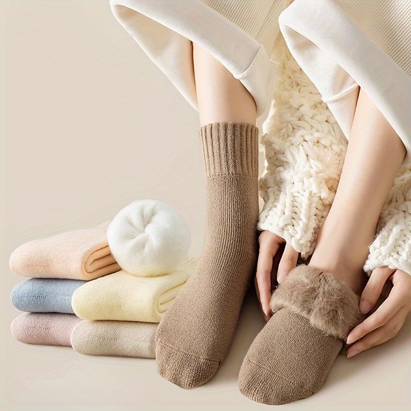 

5 Pairs Women's Fuzzy Mid-calf Socks, Polyester 95%, Spandex 5%, Solid Color, Knit Fabric, With Detail, For Autumn And Winter, Extra Warm Floor Socks For Outdoor Activities