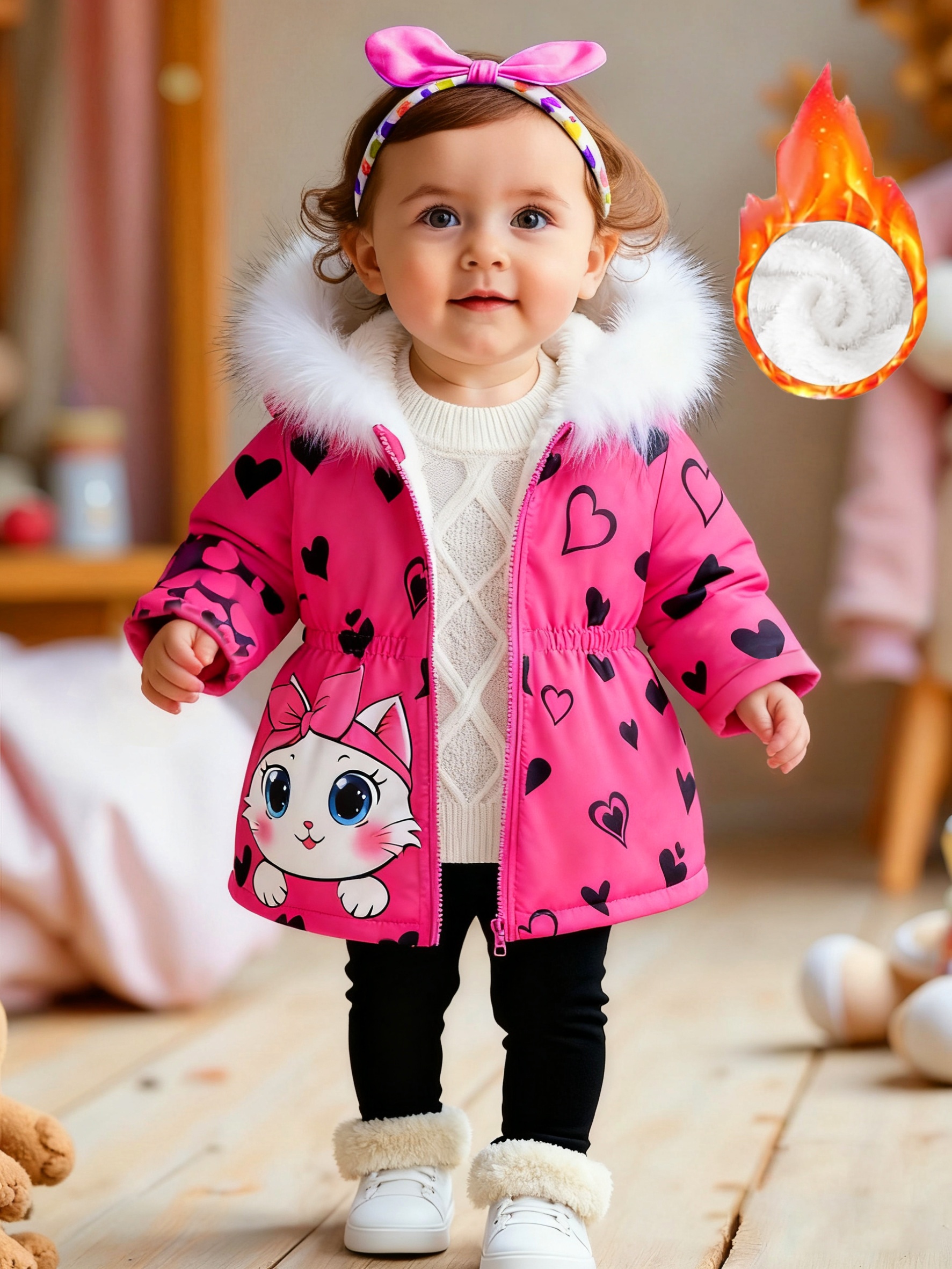 item picture   and cartoon cat   hooded jacket for baby   warm non stretch fabric with fleece lining and zipper detail suitable for fall winter