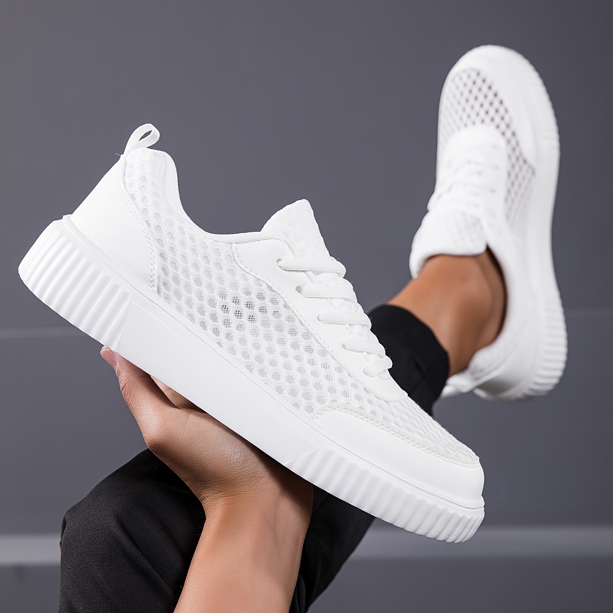 Image of Men's Fashion Sneakers - Unisex Comfortable, Breathable · Anti-slip Casual Shoes With Soft Md Sole, White Lace-up Low-top For Streetwear And Outdoor Activities