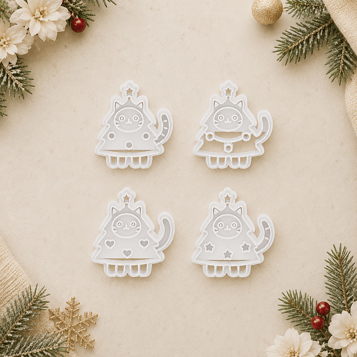 TEMU 4pcs Christmas Tree Kitten Polymer Clay Cutter, Various Christmas Clay Molds, Christmas Shaped Clay Molds, Daily Scene Jewelry Making Tools,