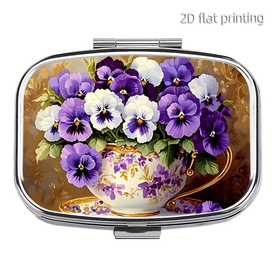 Image of 1pc Beautiful Purple Flowers Metal Pill Case With Fresh , 2-compartment Medicine Organizer, Pocket-sized For Purse And Travel - For - Perfect Gift For Travelers & Seniors