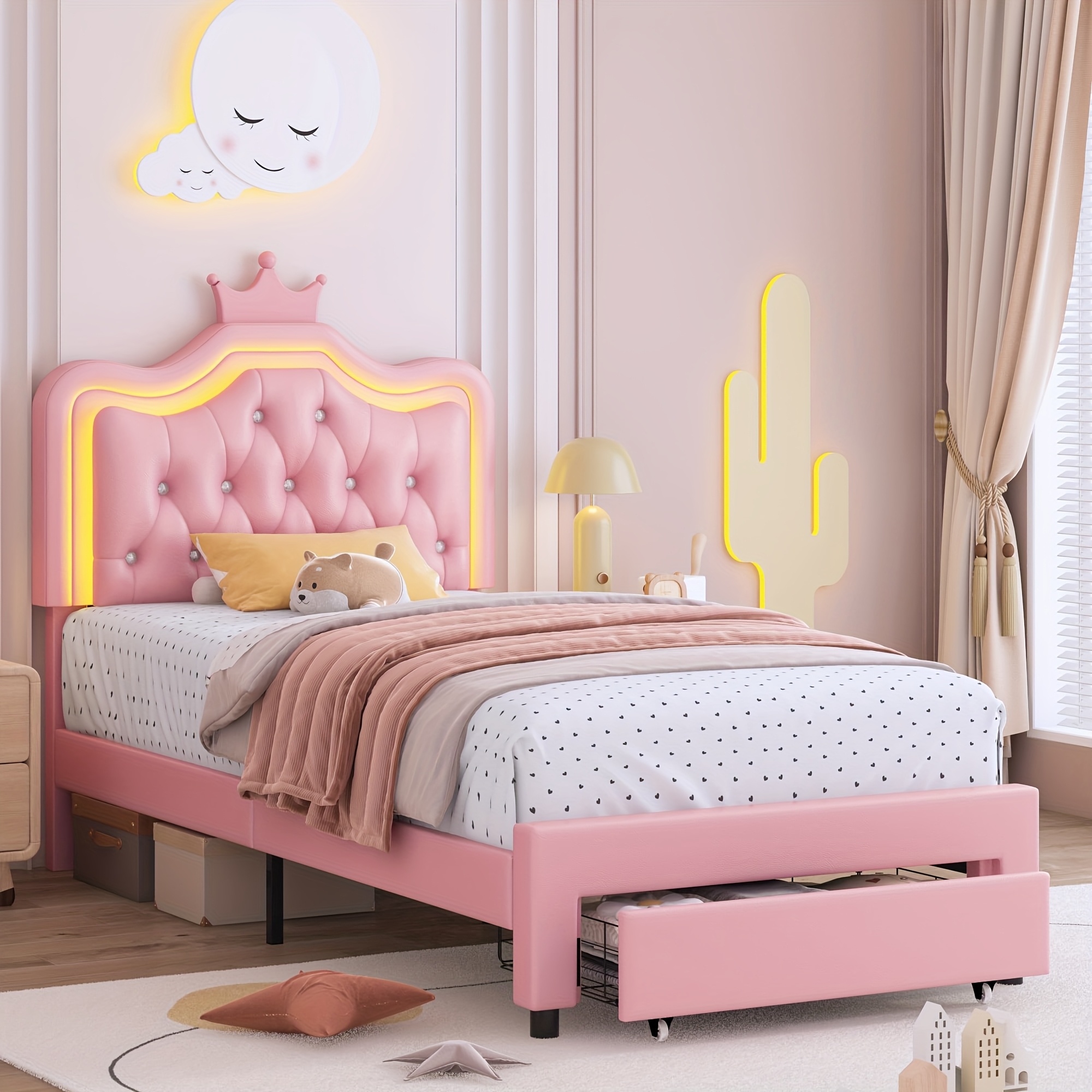 Princess Bed Frame with LED Headboard & Storage Drawers