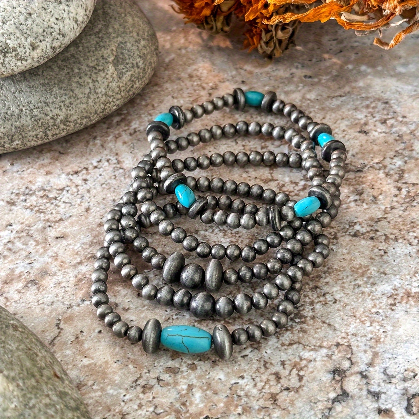 

5-piece Set Vintage Tribal Style Beaded Bracelets With , Handmade Imitation Turquoise Beads, Adjustable Stretch Bracelet Set For Daily And Vacation Wear