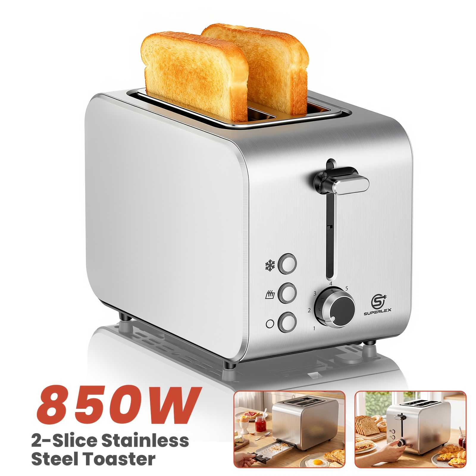 Image of Superlex Stainless Steel Toaster With 2 Slices 850w Adjustable Power Display, Cancel Functions For Family Breakfast Toast, Automatic Pop-up, Removable Crumb Tray & Cord Storage