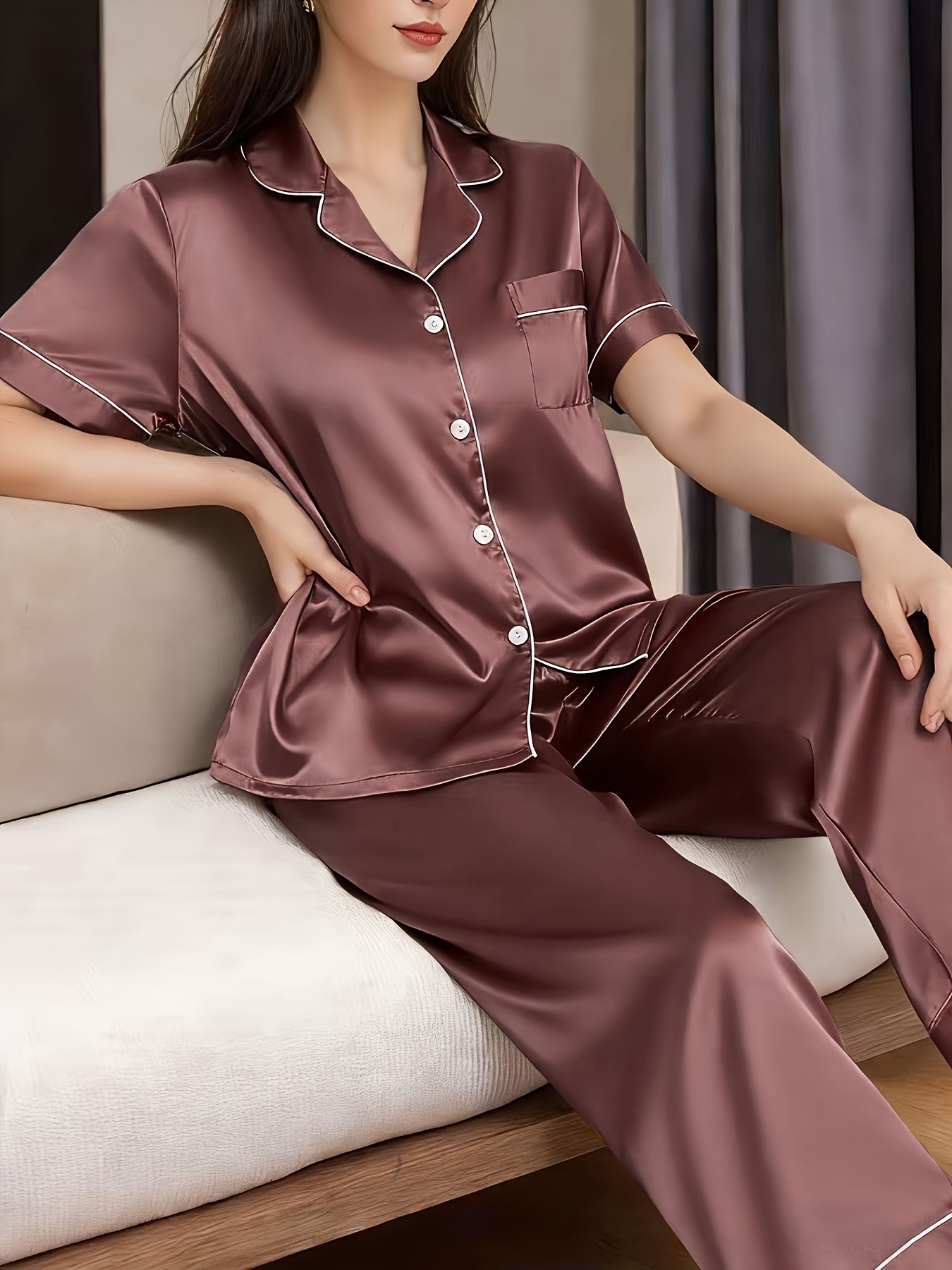 satin spring and summer loungewear for women featuring short sleeves long pants a easy design and a collared cardigan Product details 4