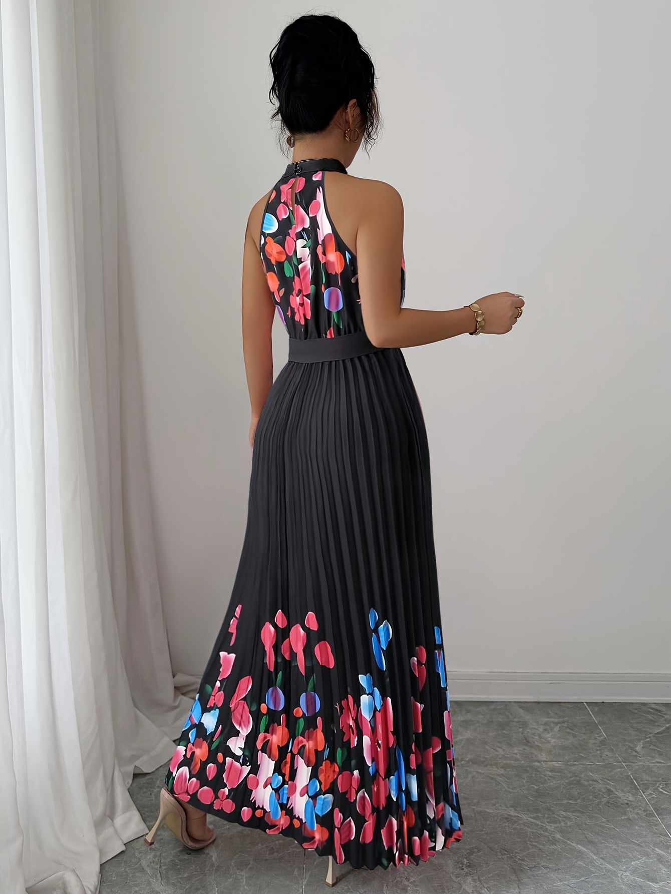 Fashionable New Women'S Summer Halter Floral Print Pleated Dress