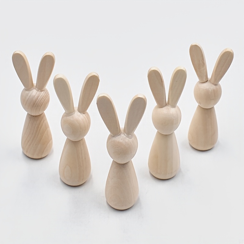 

5pcs Unfinished Wooden Bunny Crafts - Easter Themed Diy For Home & Classroom Decor, Ideal For Beading And Creative Activities