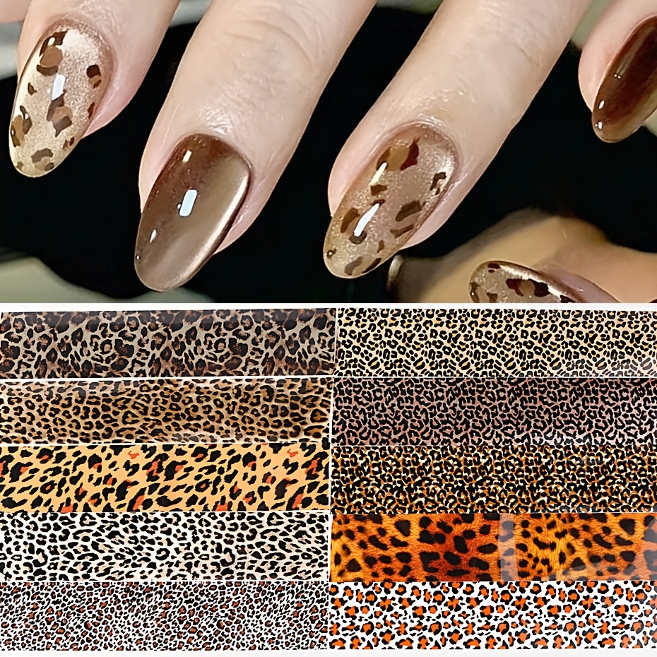TEMU 10 piezas de papel de lámina transferible para uñas con estampado de leopardo Y2K, serie de color marrón, retro de animal , pegatinas de uñas de