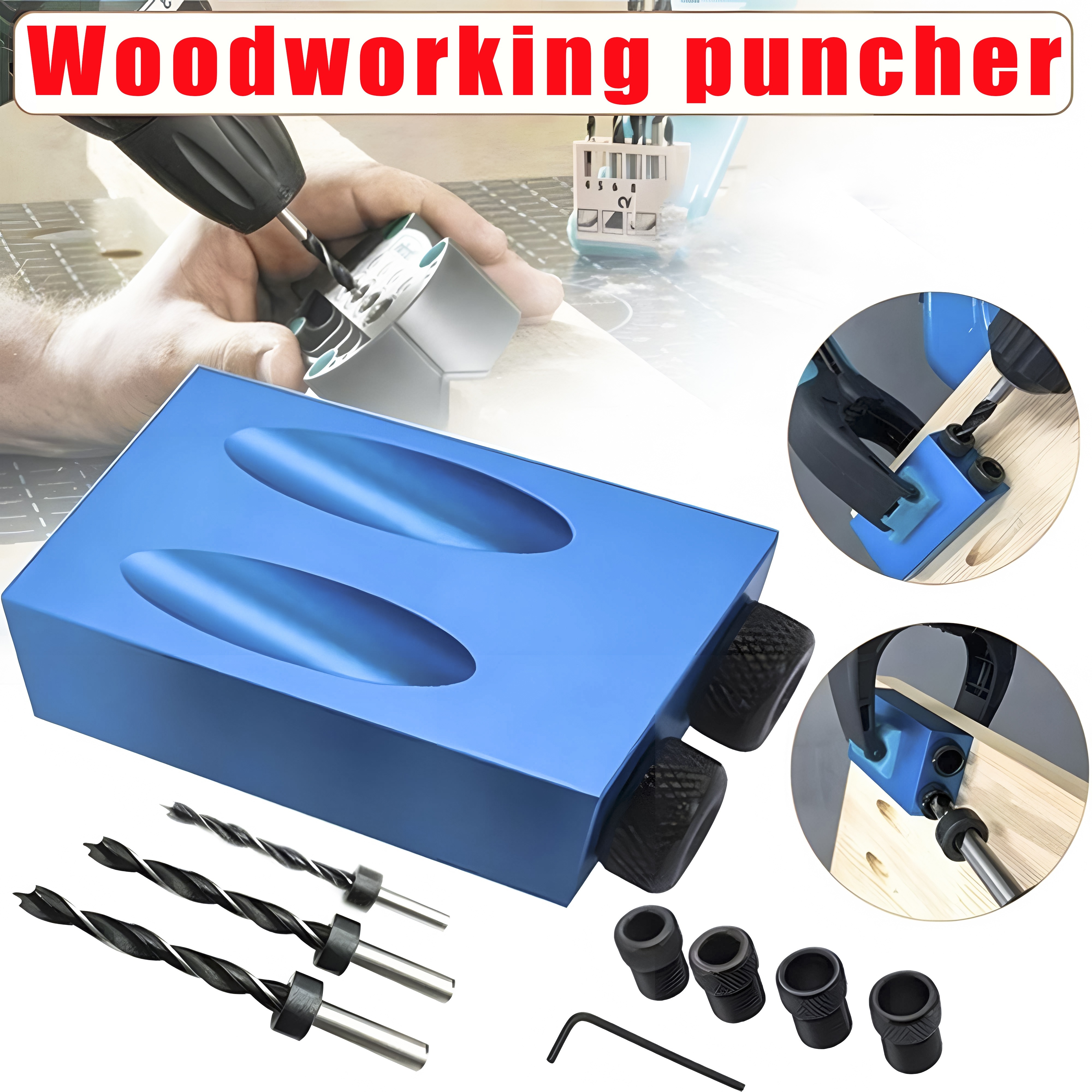 

Diy Woodworking Pocket Hole Jig Set, 15° Angle Drilling Guide, With 6-8-10mm Driver Adapters For Precise Woodworking