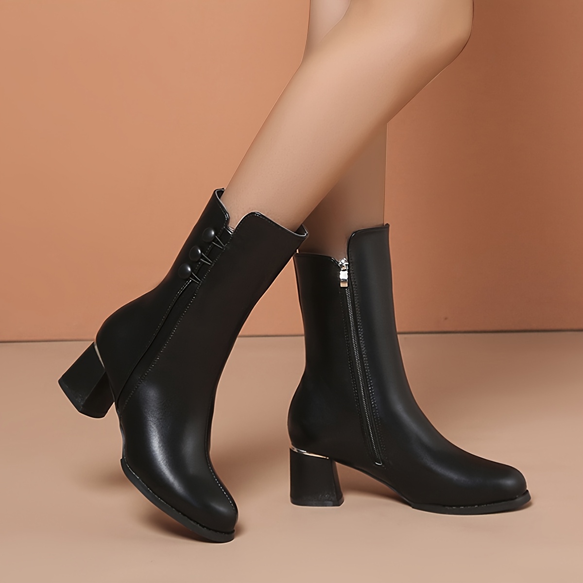 

Women's Mid- Boots - Elegant Round Toe, High Chunky Heel With Side Zipper, Plush , Pu Cover For Fall And Winter, High Heel Boots