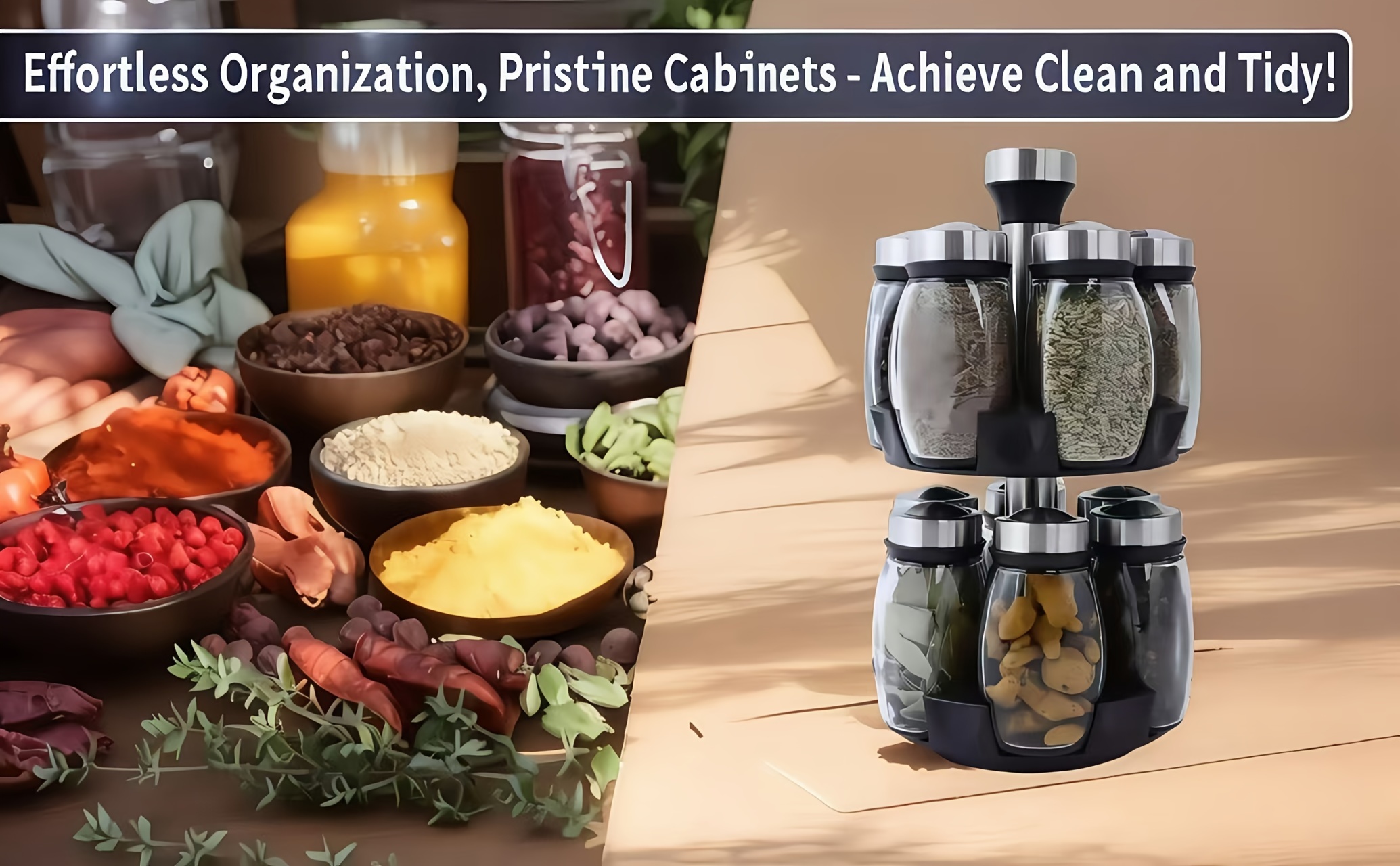 12-Jar Double Deck Rotary Spice Rack Organizer, Glass Countertop Spice Holder with Step Shelf, Reusable Labels & Funnels, Multifunctional Kitchen Spice Storage System