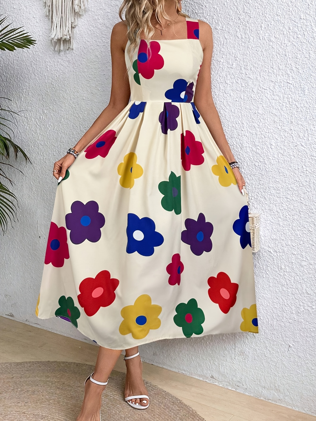 womens elegant square neck sleeveless a line dress vibrant - Temu