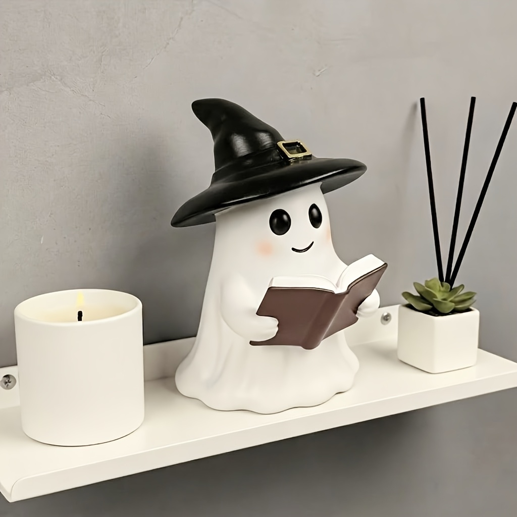Cute Halloween Reading Statue Wearing Witch Hat - Indoor Outdoor Autumn Decor, Eerie Ornament For Desktop, Garden, Porch