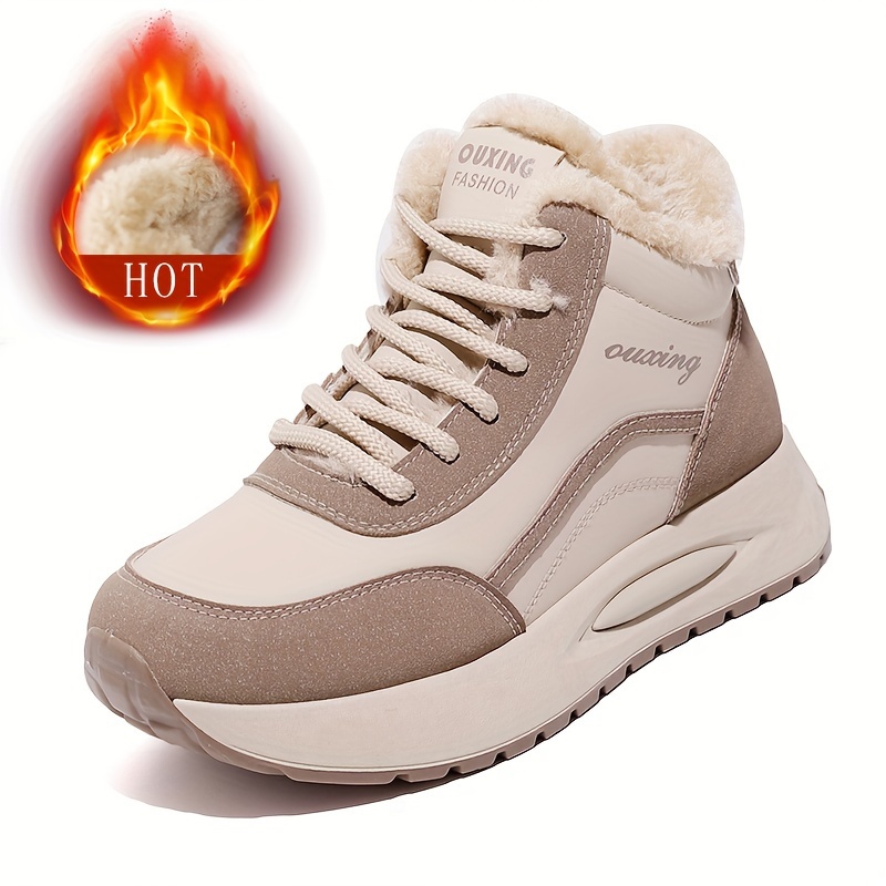 Botas de invierno para mujer, tenis altos con forro polar antideslizantes y cálidos, zapatos casuales gruesos y cómodos, botas cortas con forro de felpa, color sólido, tacón plano, cierre de cordones, suela de TPU, interior y plantilla de tela, estilo deportivo, cómodas para todas las temporadas