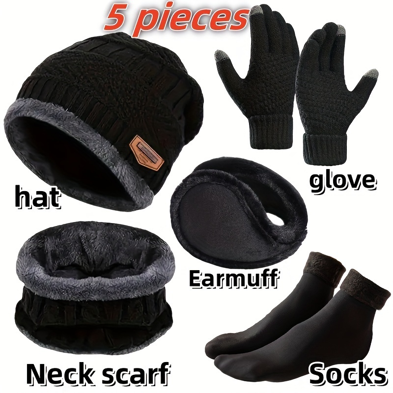 

5pcs Winter Set For Men - Knitted Polyester Fiber Hats, Scarves, Earmuffs, Gloves, And Socks - Cozy Hand Washable Outdoor Gear - Ideal Gift