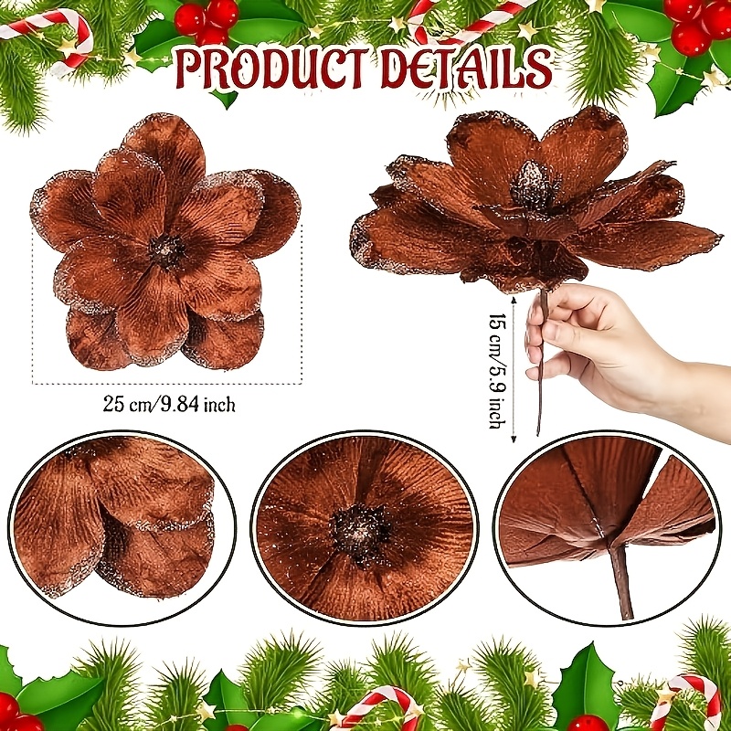 TEMU 2pcs Large Christmas Magnolia Flowers Christmas Tree Ornaments Velvet Artificial Poinsettia Floral Picks Stems For Xmas Decorations ( Brown)