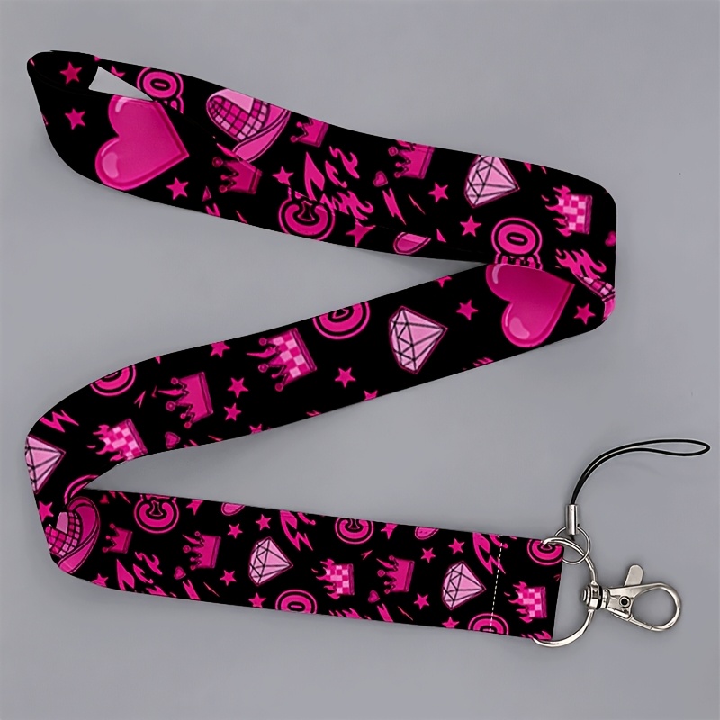 TEMU 2d 1 Suitable For Men And Are Work Or School, Pink Heart Diamond Crown Printed Lanyard For Phones And Id Badges, Trendy & Stylish