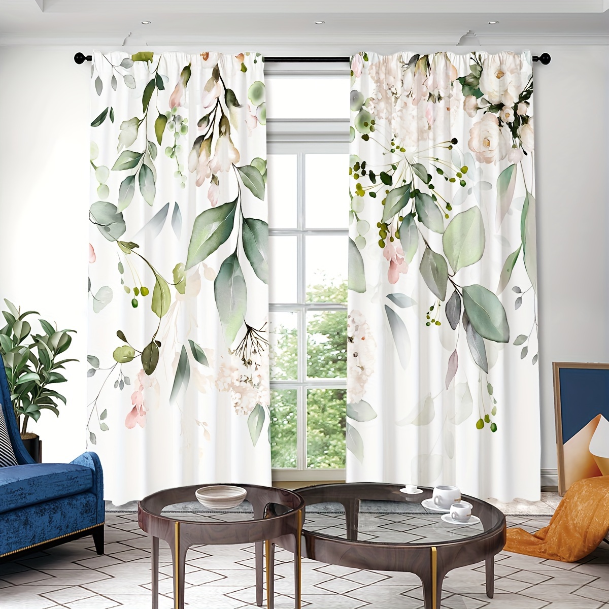 

2pcs, Garden Decorated Watercolor Pattern Printed Curtains, Rod Pocket Curtain Suitable For Restaurants, Public Places, Living Rooms, Bedrooms, Offices, Study Rooms, Home Decoration