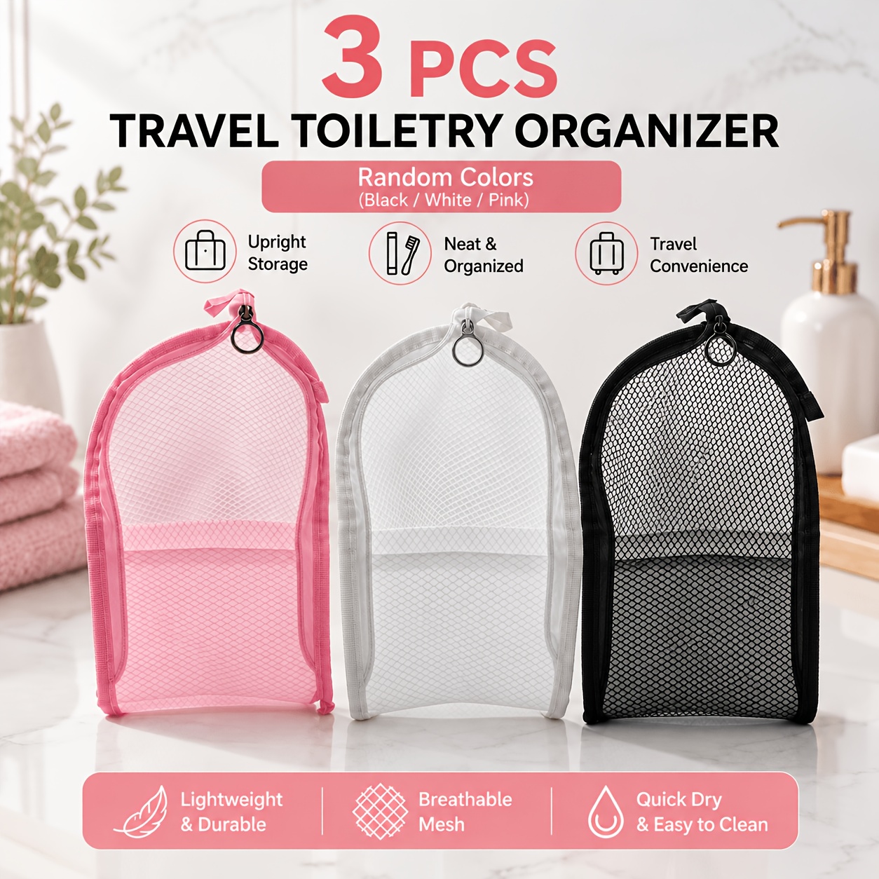 TEMU 3-pack Portable Mesh Toiletry Bags In Random Colors, Small Travel Toothbrush Storage Bags, Multi-functional Makeup Brush Organizer, Cosmetic