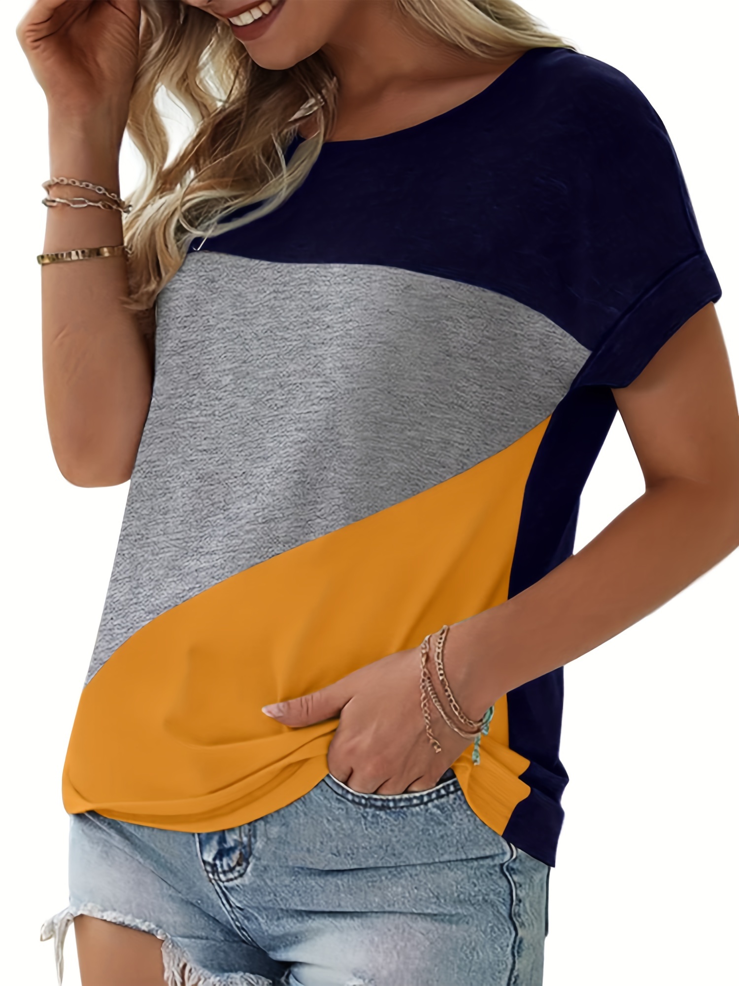 Women's Color Block Short Sleeve T-Shirt – Soft Cotton Blend Tee For Summer | Casual Loose Fit Top In Blue