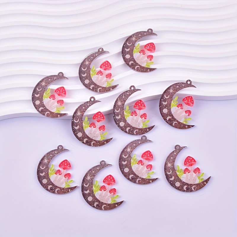 

10pcs Acrylic Moon Mushroom Charms For , Pendant Earrings Necklace Crafting Accessories, Cute Decorative Embellishments