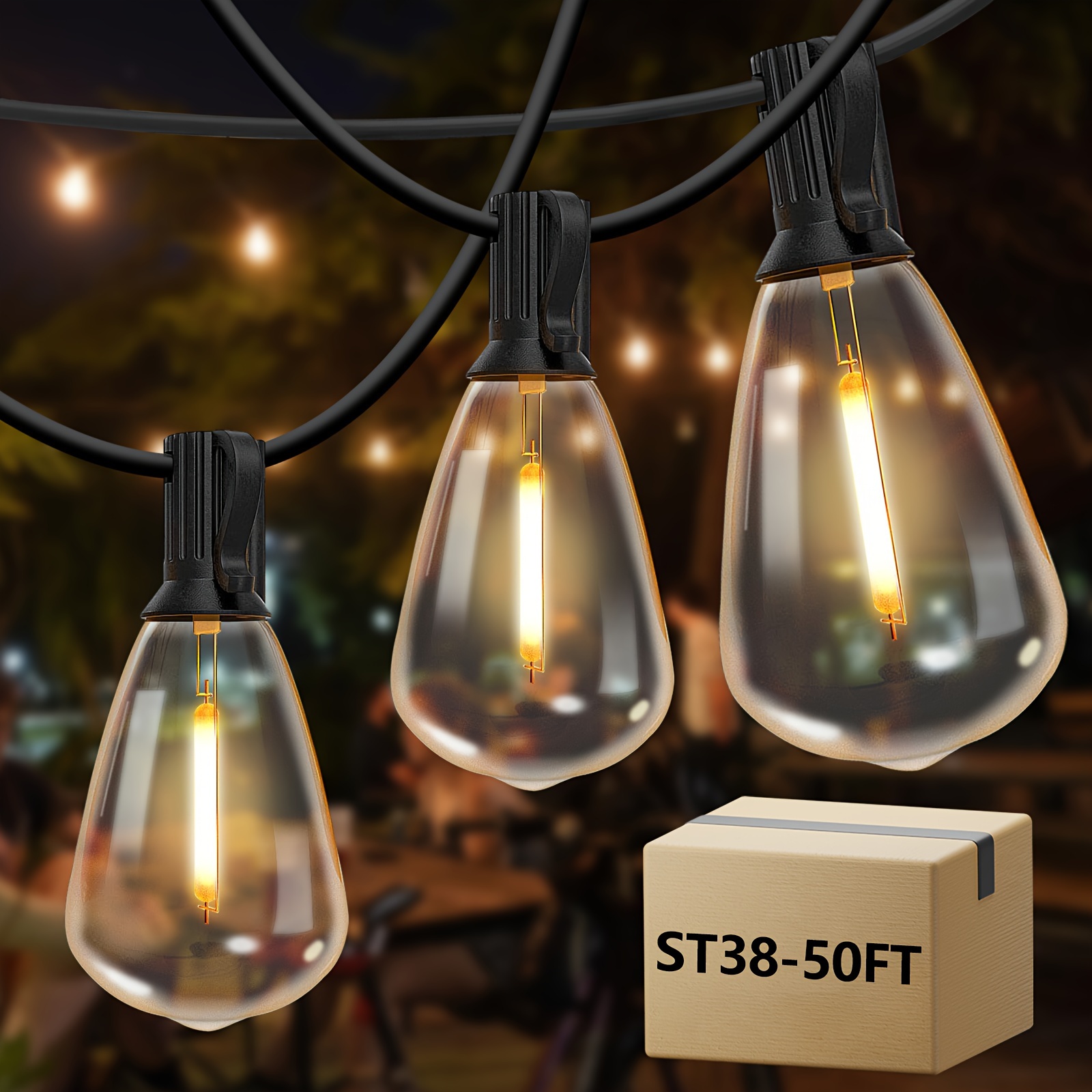 TEMU 50ft St38 Indoor String Lights, 2700k Bright Led Lights With St38 Shatterproof Vintage Bulbs, E12 Socket, Retro Edison String Lights For Balcony, Porch