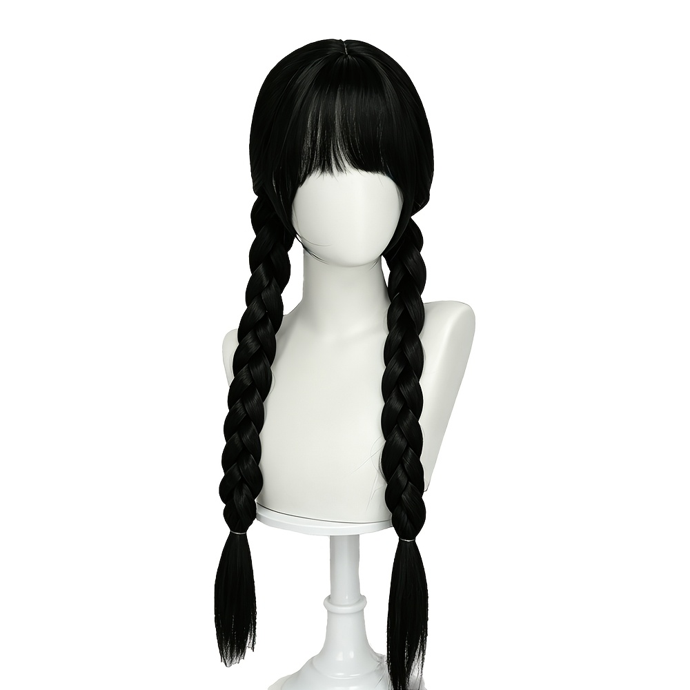 Synthetic Wig Women's Long Straight Twin Ponytail Matte Heat Resistant High Temperature 28 Inches Black Braid Full Wig Suitable For Daily Wear