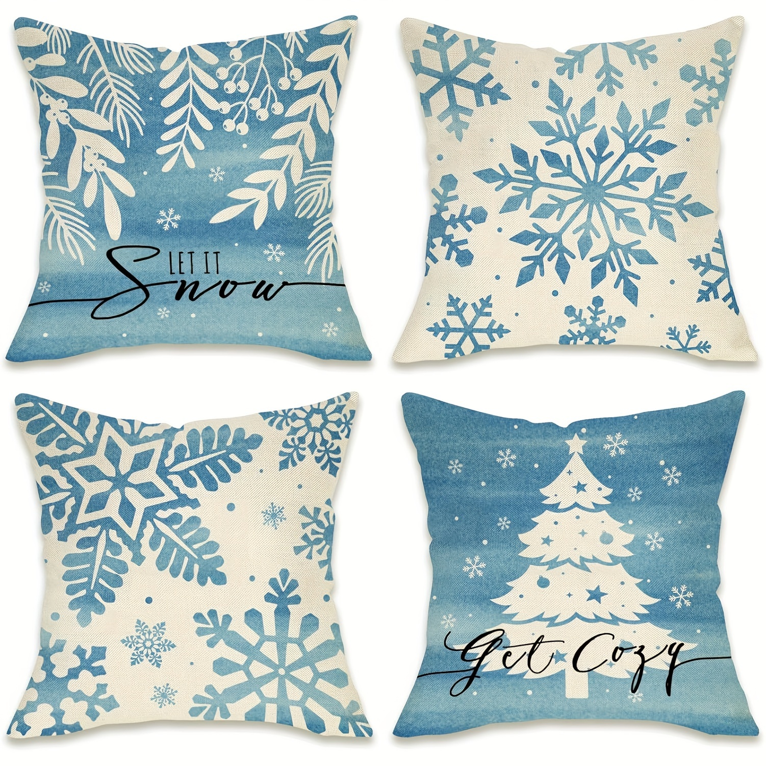 

Set Of 4 Winter Snowflake Decorative Cushion Covers 18x18, Contemporary Striped Zippered Throw Cases, Machine Washable Polyester For Home Decor, & Christmas