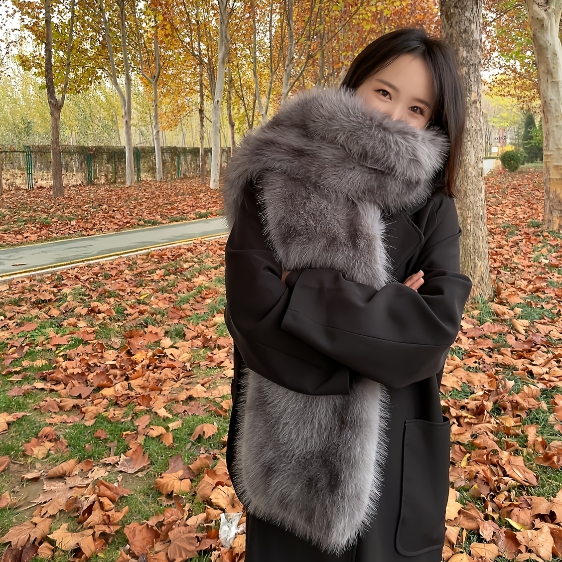 E-shop Winter Damen Warmer Fuchs Plüsch Schal Doppelseitig Plüsch Verdickter Warmer Hals Schal High-End Mode Elegant Ausgehen Date All-Match Schal