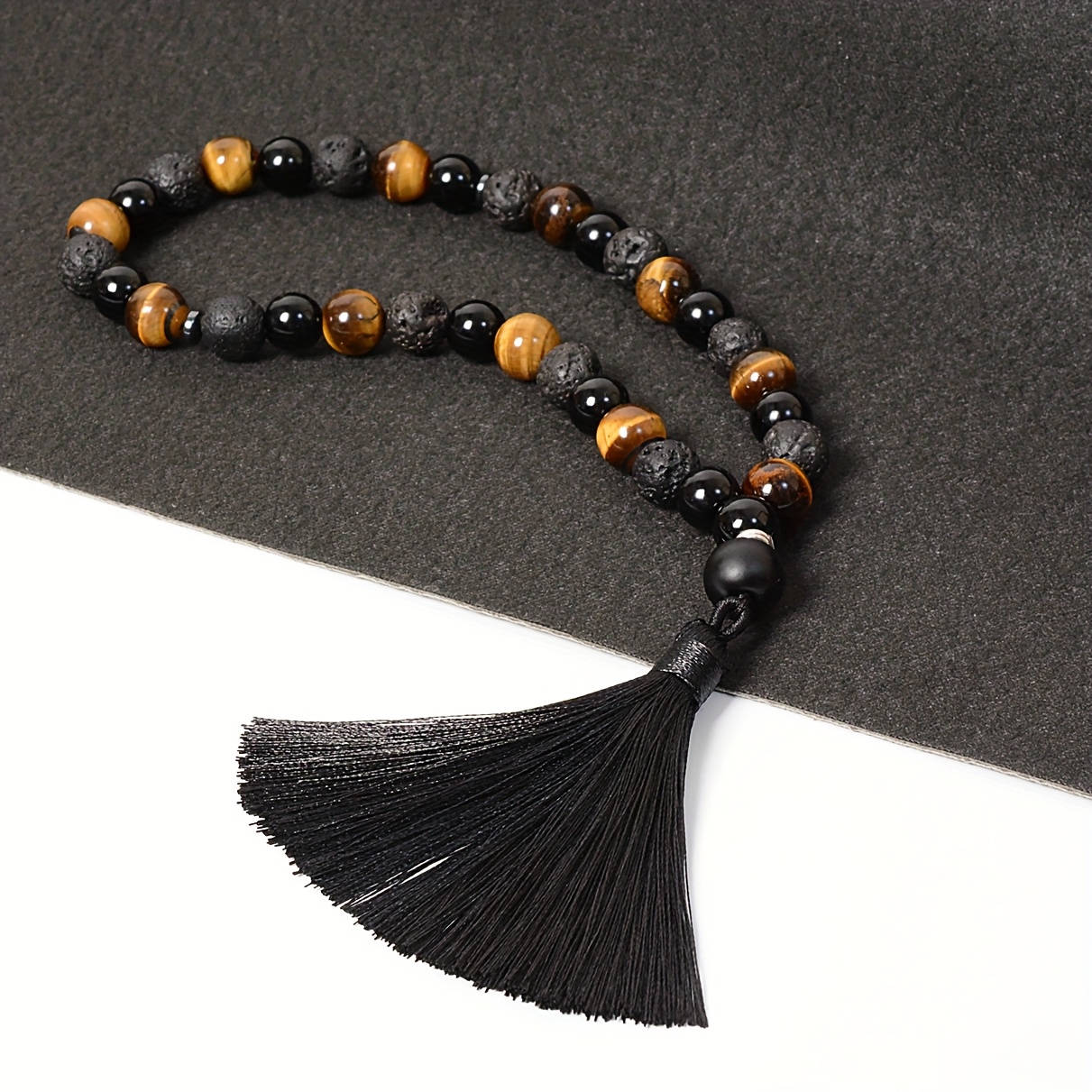 Image of Beads 10mm Black Onyx And Tiger Eye Stone 33pcs Handmade Beads Natural Stone Misbahah, Men Women Jewelry Tassel Beads Accessory Middle Eastern Ramadan Festival Exquisite Gift