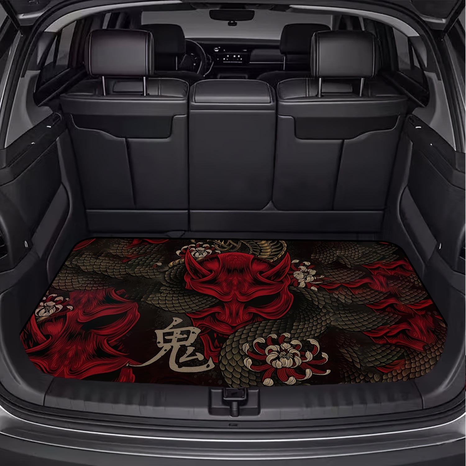TEMU 1pc Japanese-style Oni Monster Element Car Trunk Mat, Red Oni And Black Dragon Print Pattern, Essential Travel Item, Fit For Various Car Models,