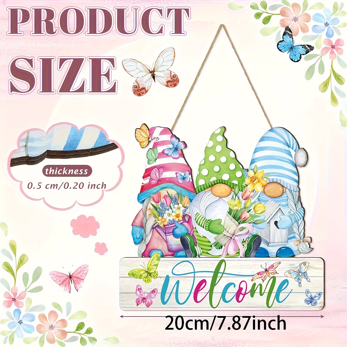 TEMU Gnome Welcome Wooden Hanging Sign - Rustic Artificial Wood Wall Decor With Colorful Gnomes, Floral & , Vibrant "welcome" Lettering For