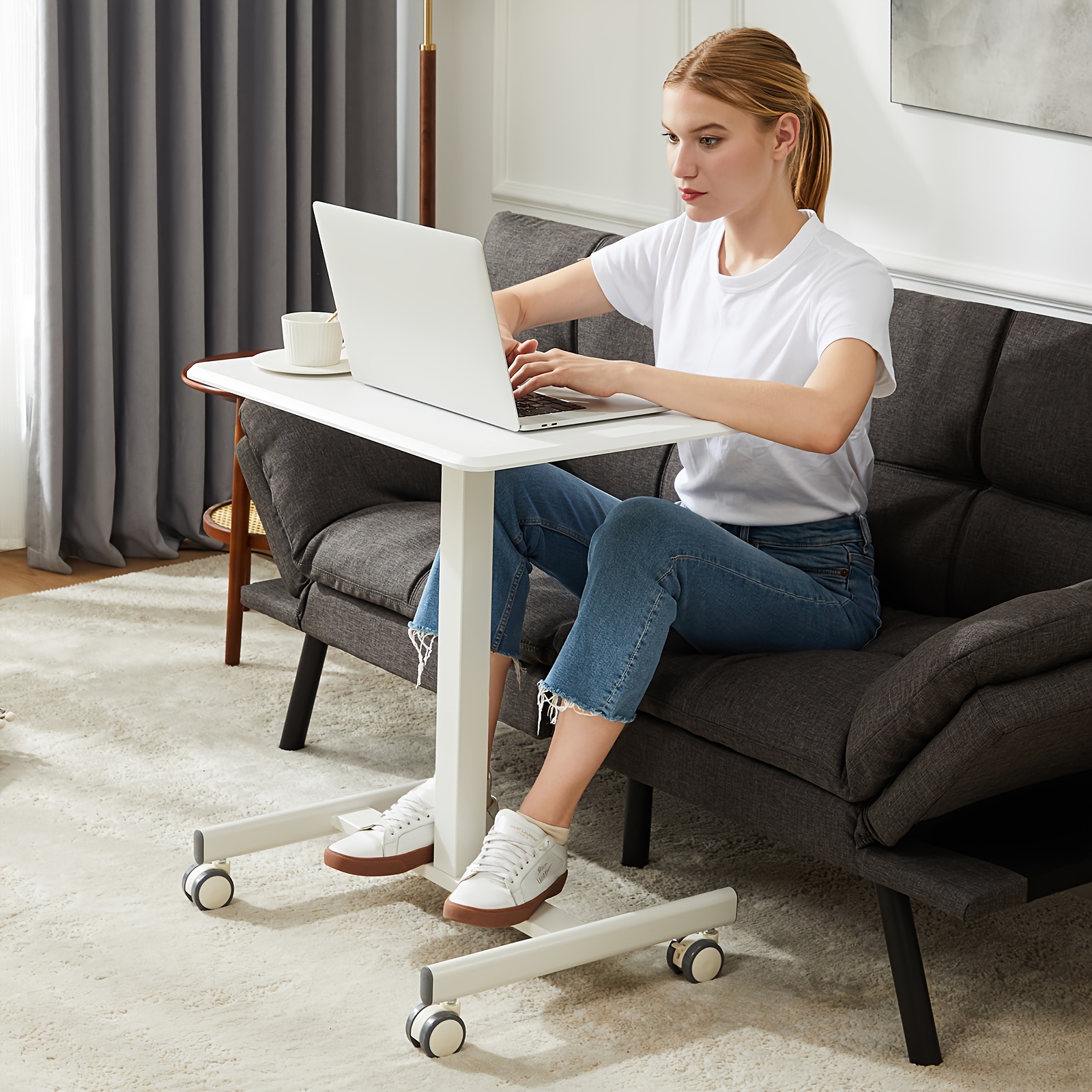 

Mobile Standing Desk - Portable Sit Stand Desk, Rolling Laptop Desk, Lockable Wheels, Adjustable Height