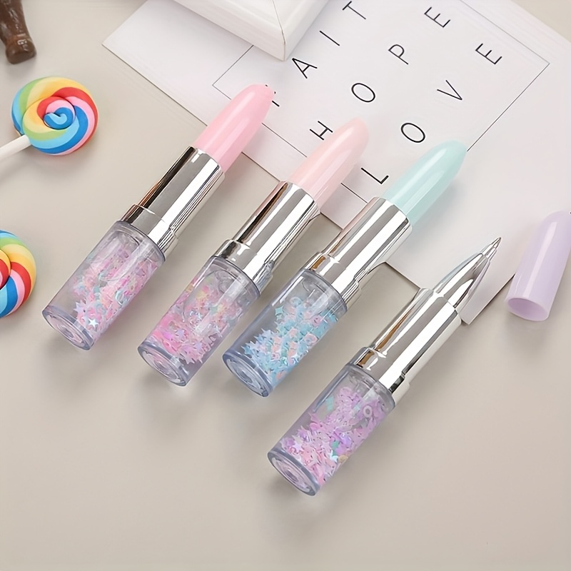 Image of 2pcs Lipstick Style Quicksand Gel Pen, Random Color, Creative Portable Colorful Lipstick Pen For Office Signing
