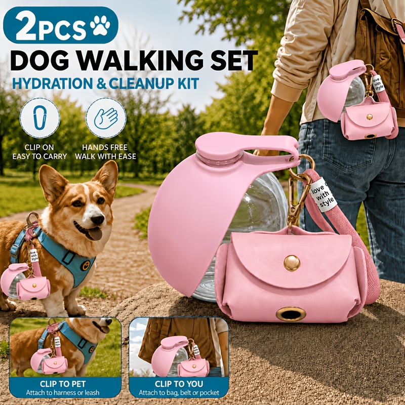 TEMU 2pcs Dog Walking Kit, Portable Pet Water Bottle With Poop Bag Holder, Clip-on Design For Harness Backpack, Outdoor Travel Dog Hydration & Set