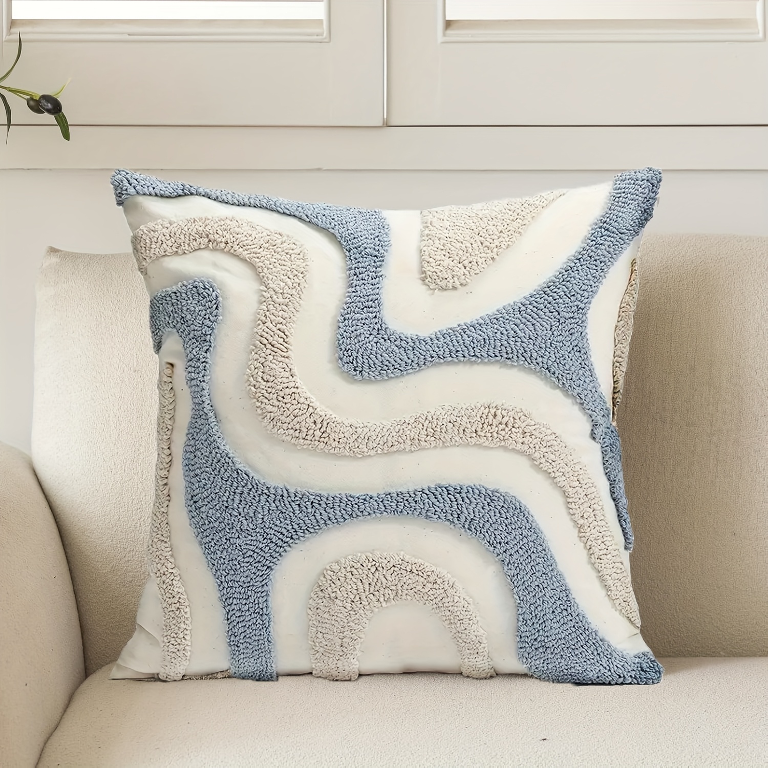 blue and white minimalist geometric loop pile pillowcase suitable for home sofas and office throw pillows