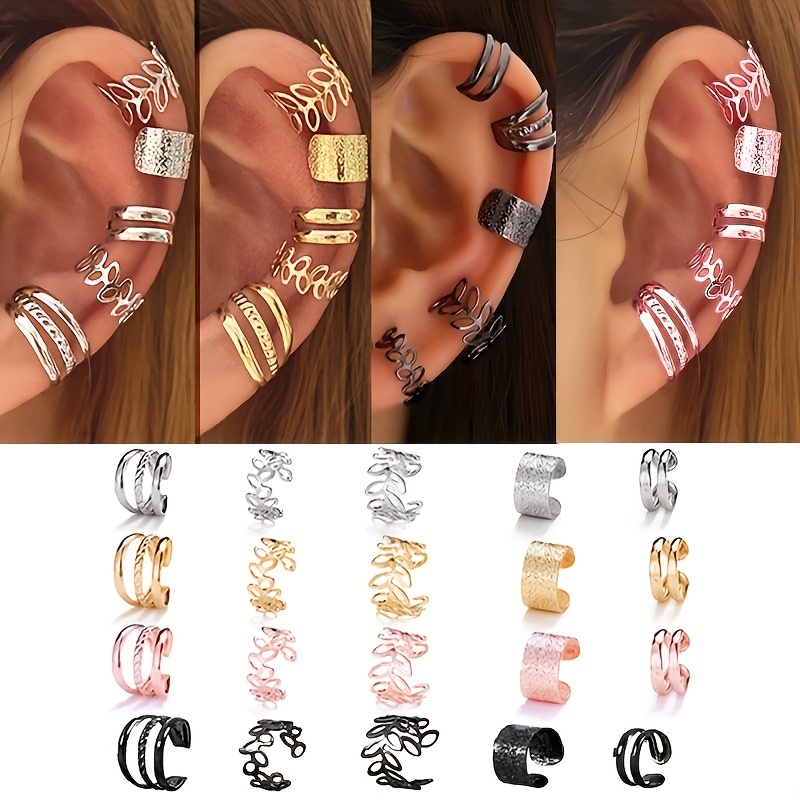 

5pcs/10pcs/15pcs/20pcs/set, Women' Clip-on Earrings, Creative And Simple Wide Leaf Hollow Metal Ear Clip Set, Elegant And , Holiday Party Date Gift, , Multiple Colors