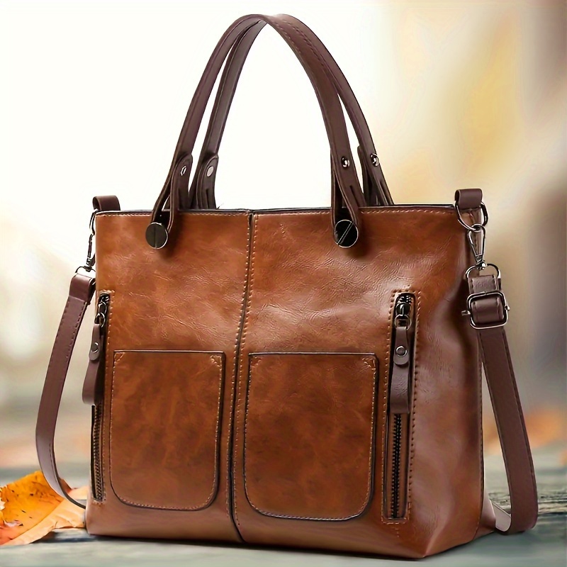 

Vintage Pu Leather Tote Bag For Women With Multiple Pockets, Removable Strap, Zippered Closure, And Edge Paint Detail