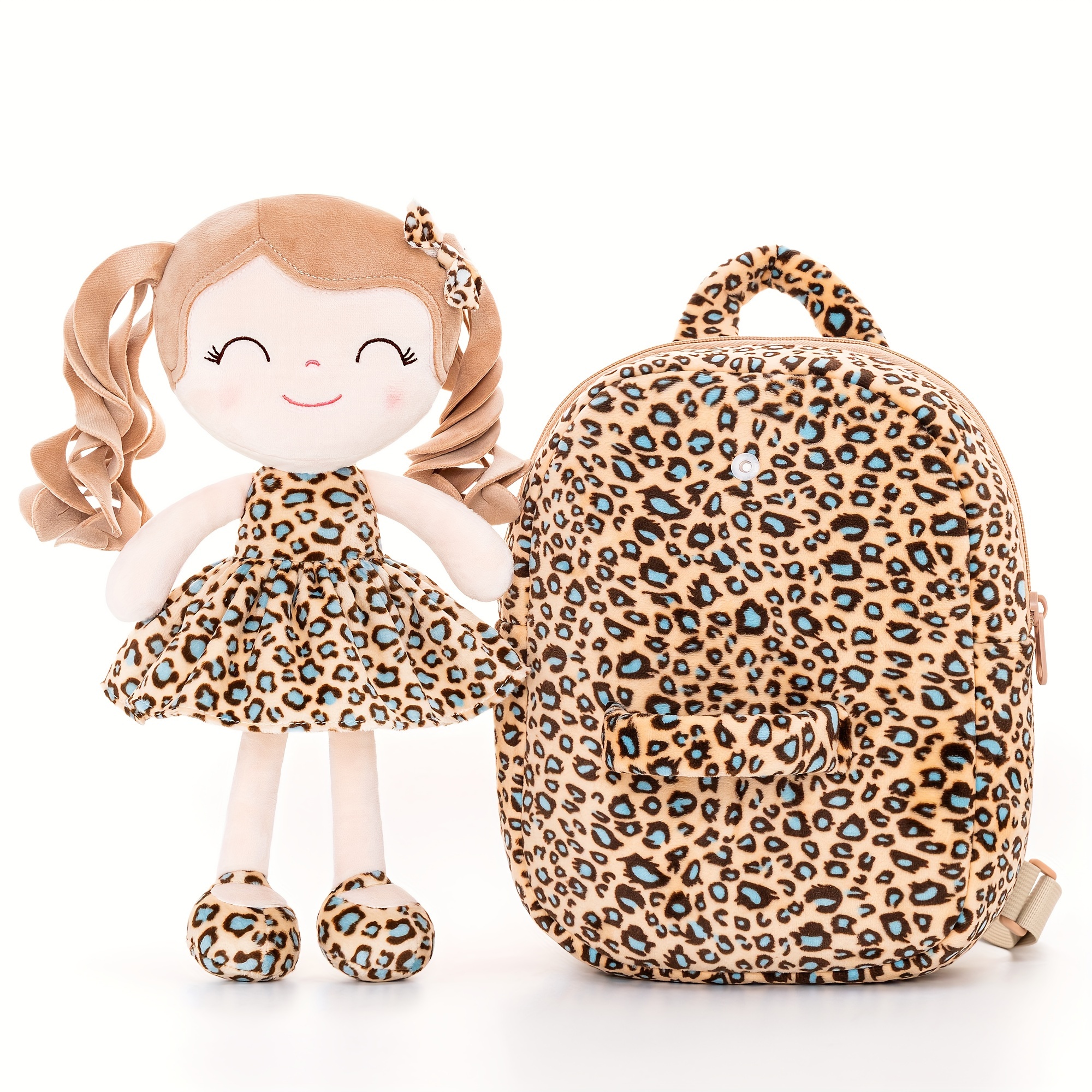 

Valentines Gift Gloveleya Backpack Girl Gifts Plush Figures Dress Backpack Soft Toy Backpack Curly Hair Spring Girl - White Leopard 9inches