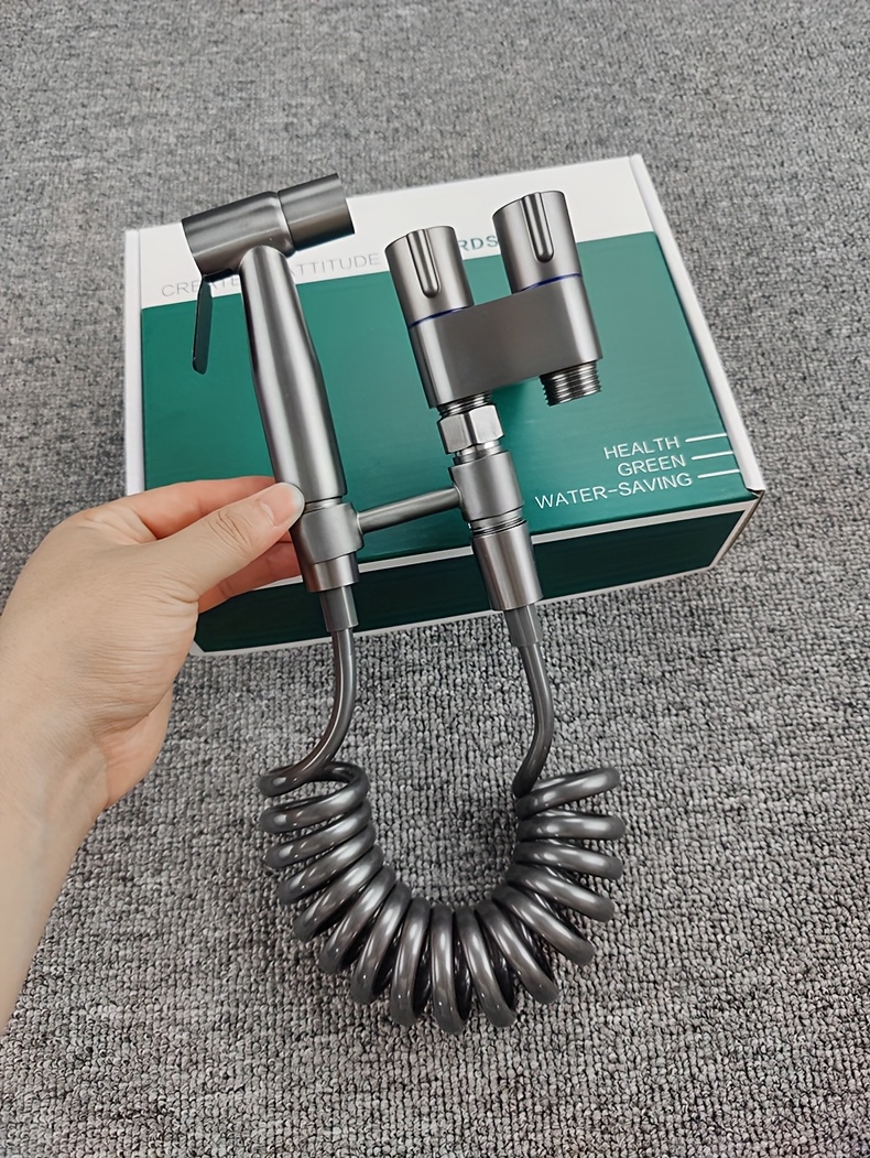Handheld Toilet Companion Set, Wall-Mounted One-In-One Outlet Valve Kit with Stainless Steel Nozzle, Telescopic Hose and Stand