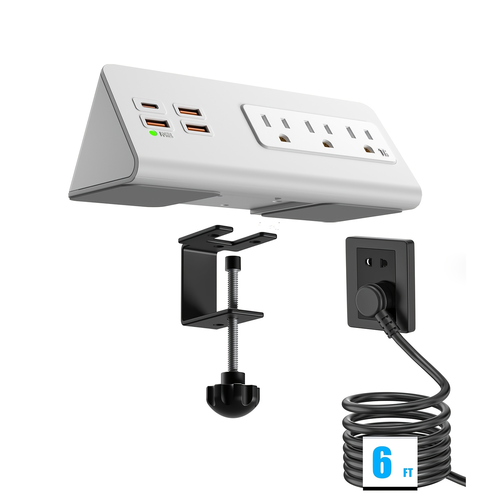 TEMU 15a 1875w Edge Clamp Mount Station With Usb-c Ports | Tabletop Protector Desk Clamp, 3 Ac Outlets & 4 Fast-charging Usb Ports (pd 30w) For Home,