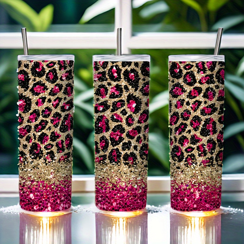 

1pc 20oz Glitter Leopard Print Tumbler With Lid, Stainless Steel Insulated Travel Cup, Perfect Gift For Friends, Family, Colleagues - Keeps Drinks Hot Or Cold, Ideal For Home, Office, Outdoor Use