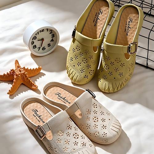 new womens closed toe half slippers hollow out carved pattern fashionable designer clogs soft and comfortable sole non slip soft sole versatile for indoor and outdoor wear women shoes