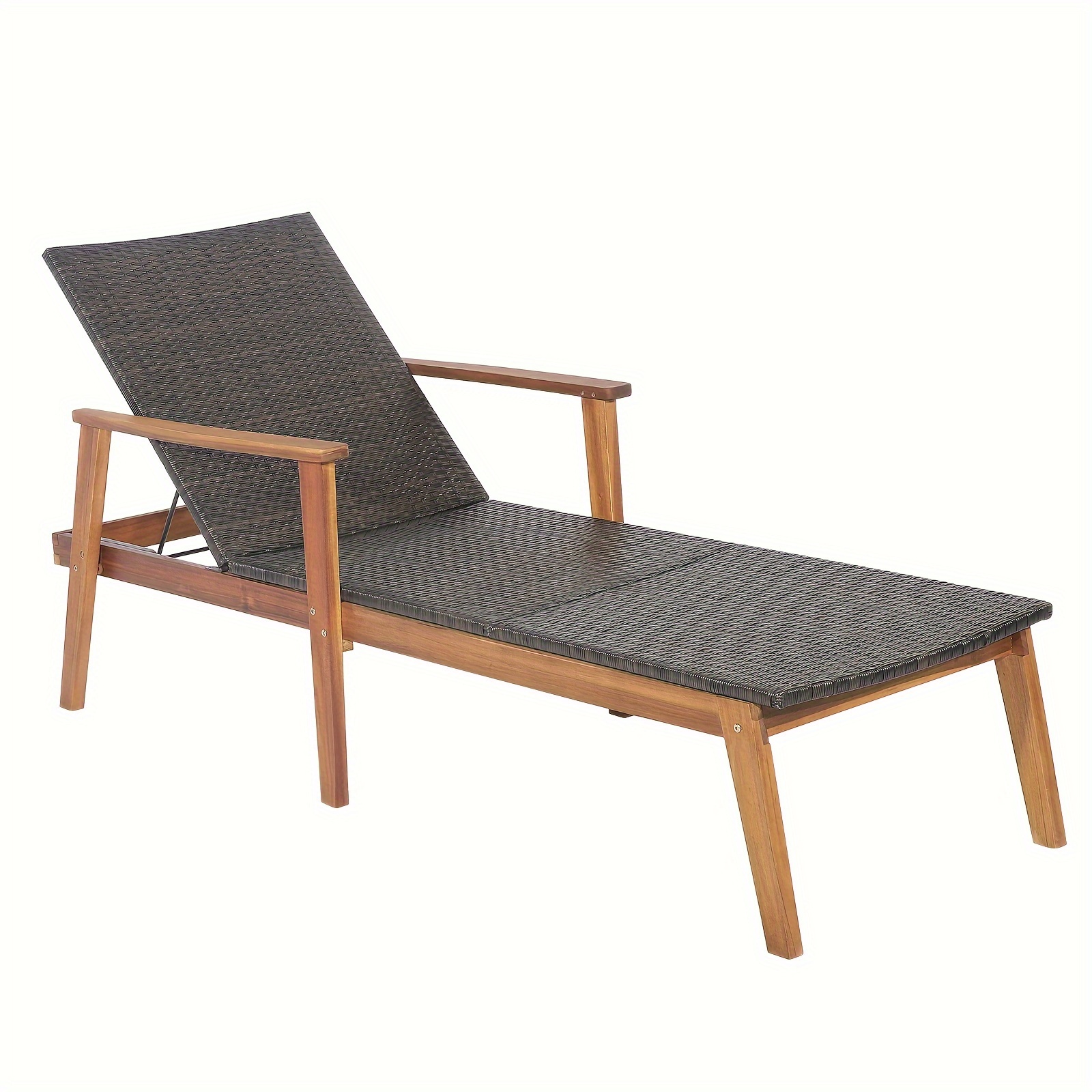 

1pc Patio Lounge Chair, 4-position Adjustable Recliner With Fully Flat Position, Outdoor Pe Wicker Chaise Lounge With Acacia Wood Frame For Poolside, Backyard