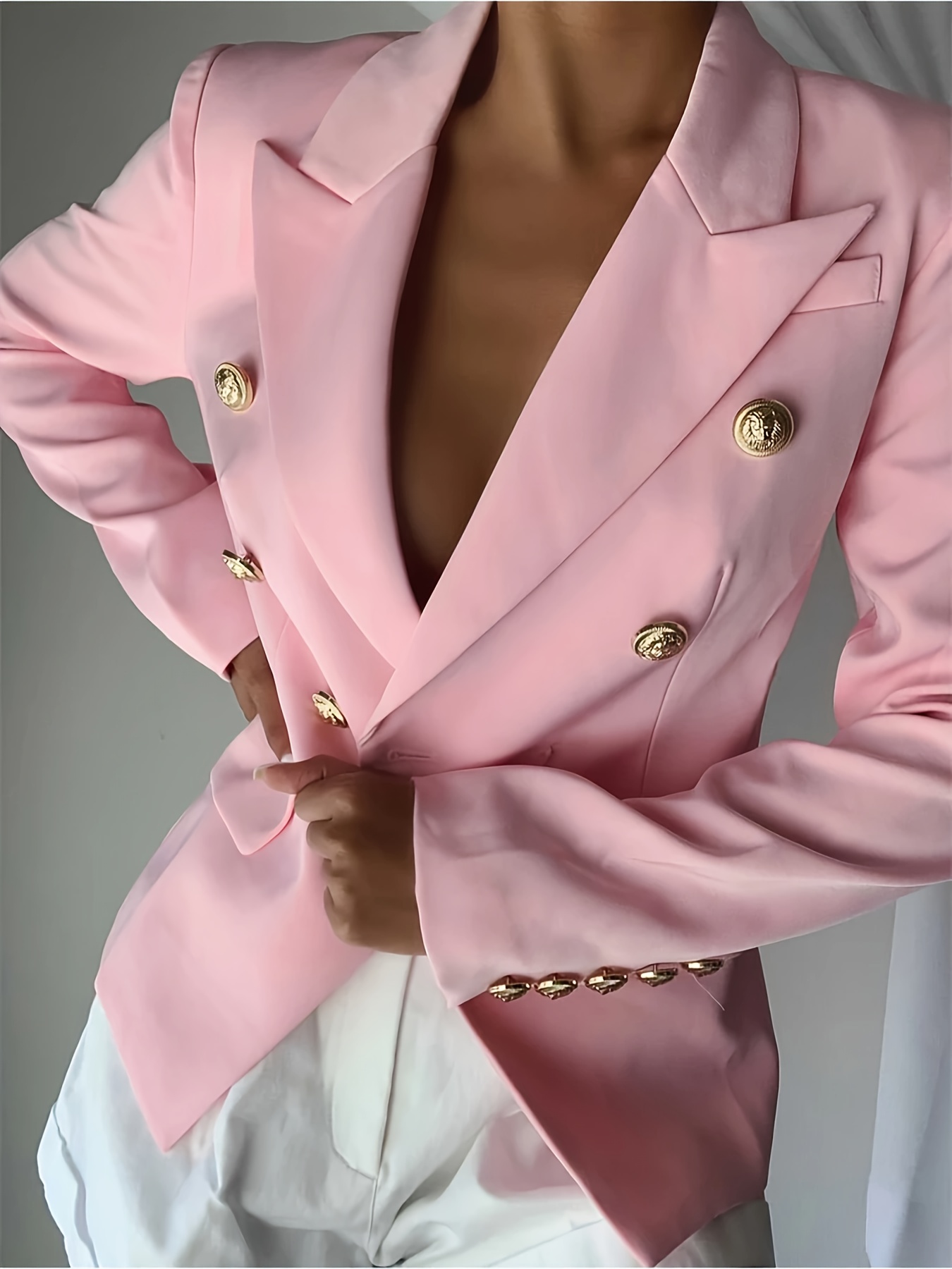 Women's Elegant Pink Double-Breasted Blazer - Polyester, Long Sleeve, Lapel Collar with Golden Buttons, Stylish Work Office Jacket