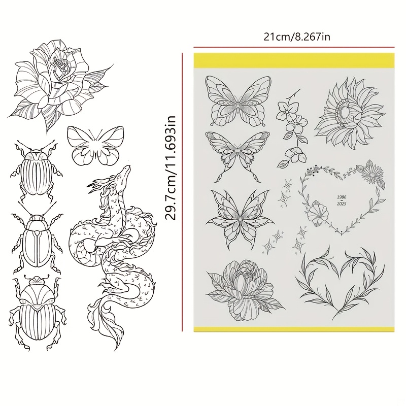 5pcs Gothic & Floral Tattoo Stencil Transfer Sheets with Heart,  , Leaf, Rose, Sun, Bird, Bee, Leaf, Vine, Bat, Bat Wing, Spider Web, Skull, Rose,  , Heart, Leaf, Sun, Moon, Star, Number, Letter, Face, Hair, Hand,  , Fish, Fish Scale, Snake, Snake Scale, Fish Tail, Fish Bone, Fish  ,  , Fish Mouth, Fish Tail, Fish Bone, Fish  ,   Designs
