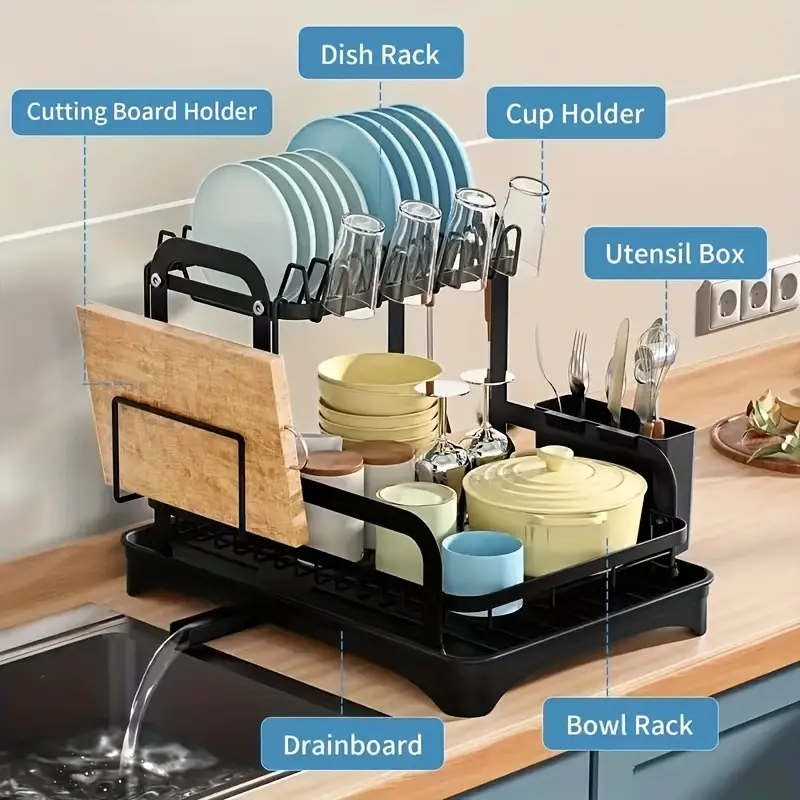 Support your kitchen with a spacious 2-tier dish drying rack, complete with a double dish rack, cup holder, cutting board, and black utensil organizer. Perfect for keeping your above sink kitchen countertop organized and efficient. détails 4